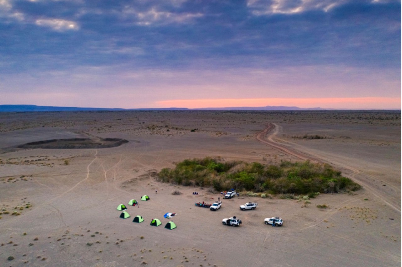 Aerial view of a supported Afar desert camp