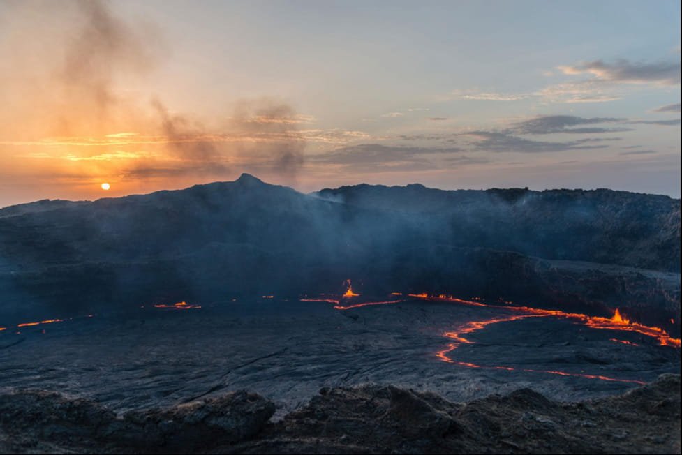 Smoke and glowing lava at Erta Ale